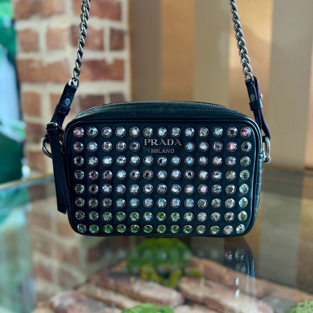 PRADA Black Leather Crystal Stud Crossbody